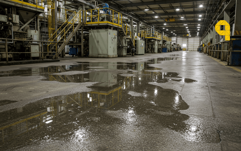 Acumulacion de agua problemas drenaje en pavimento industrial con charcos