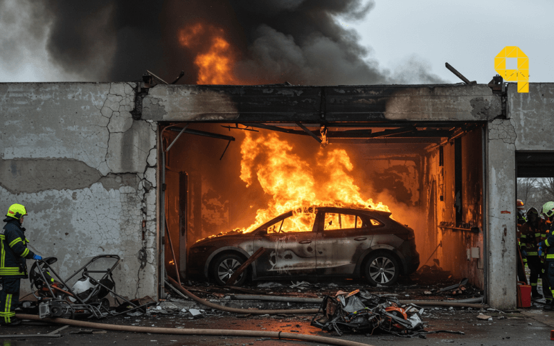 Incendio vehiculo electrico en garaje con danos estructurales y riesgos seguridad