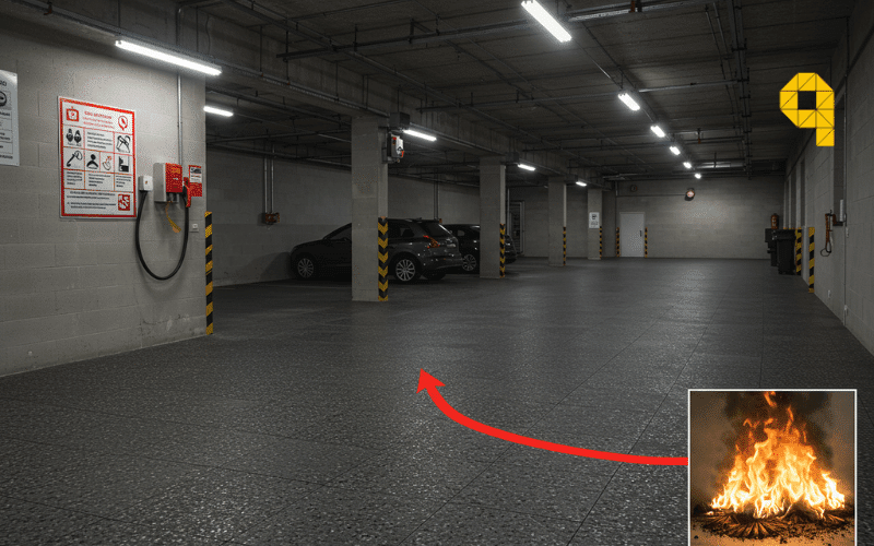 Pavimento ignifugo garaje coches electricos seguridad contra incendios normativa