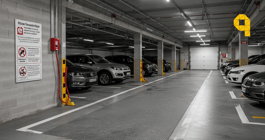 Pavimento ignifugo parking coches electricos seguridad contra incendios normativa