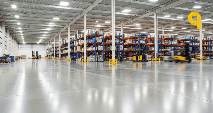 Pavimento industrial de cemento en nave logistica con maquinaria pesada