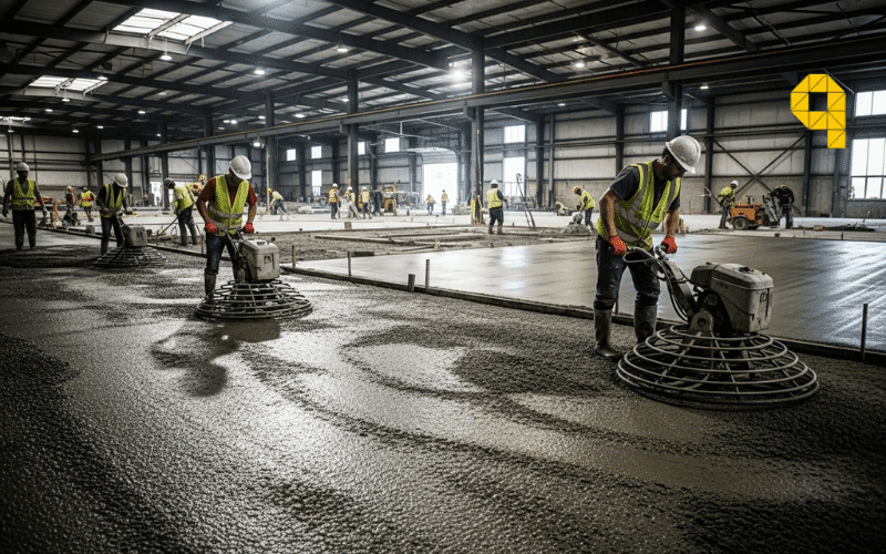 Proceso de instalacion de pavimento industrial de cemento en nave logistica