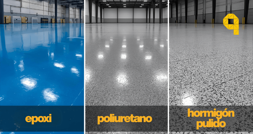 Comparativa pavimentos industriales mostrando sistemas epoxi poliuretano hormigon pulido