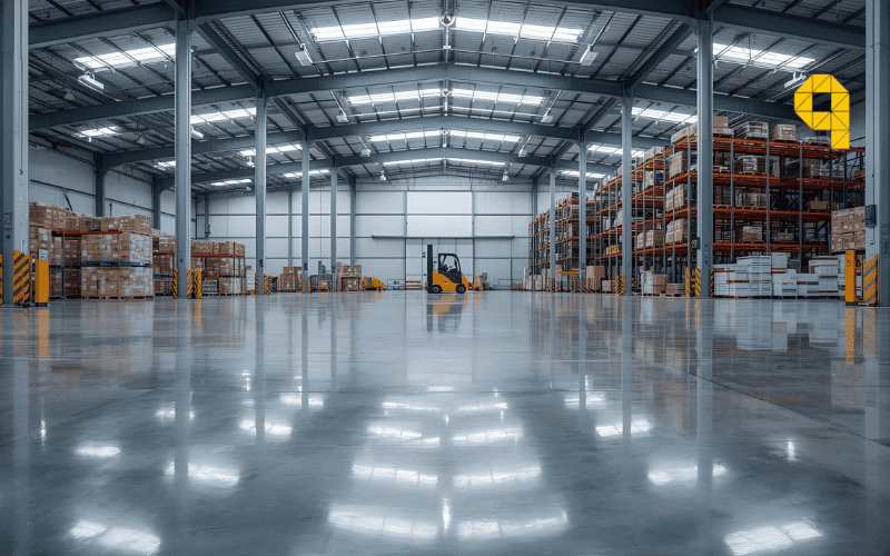 Interior moderno almacen industrial con sistema pavimento hormigon pulido y trafico maquinaria pesada Interior moderno almacen industrial con sistema pavimento hormigon pulido y trafico maquinaria pesada