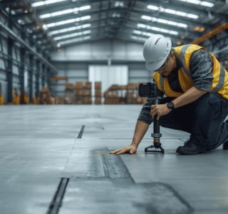 Inspeccion tecnica pavimentos industriales especialista evaluando deterioro hormigon