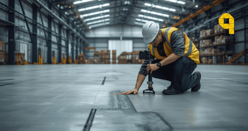 Inspeccion tecnica pavimentos industriales especialista evaluando deterioro hormigon