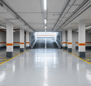 garaje comunitario rehabilitado en madrid con pavimento continuo y plazas senalizadas