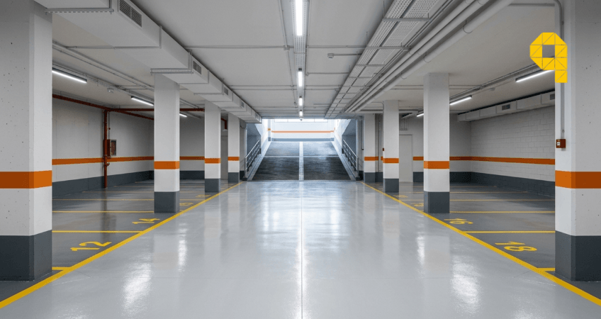 garaje comunitario rehabilitado en madrid con pavimento continuo y plazas senalizadas