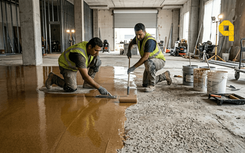 tecnicos aplicando resina sobre solera de garaje comunitario en rehabilitacion