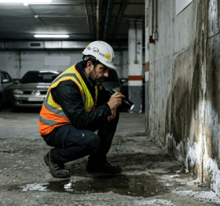 tecnico inspeccionando filtraciones de agua en garaje subterraneo antes de pavimentar