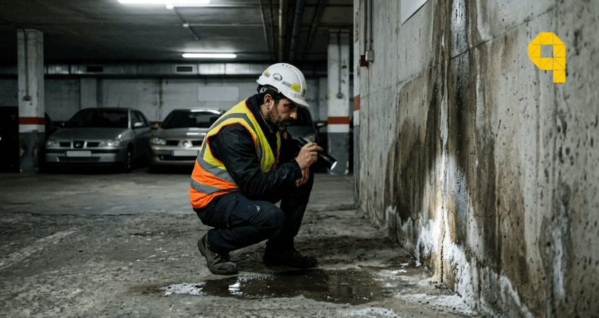 tecnico inspeccionando filtraciones de agua en garaje subterraneo antes de pavimentar
