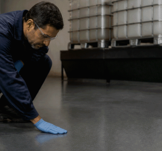 tecnico inspeccionando pavimento antiacido gris contenedores ibc nave industria quimica madrid
