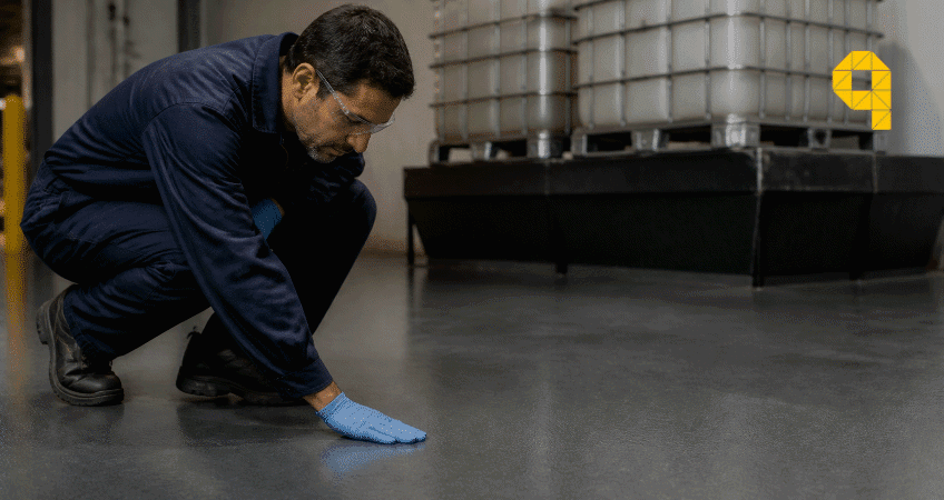 tecnico inspeccionando pavimento antiacido gris contenedores ibc nave industria quimica madrid